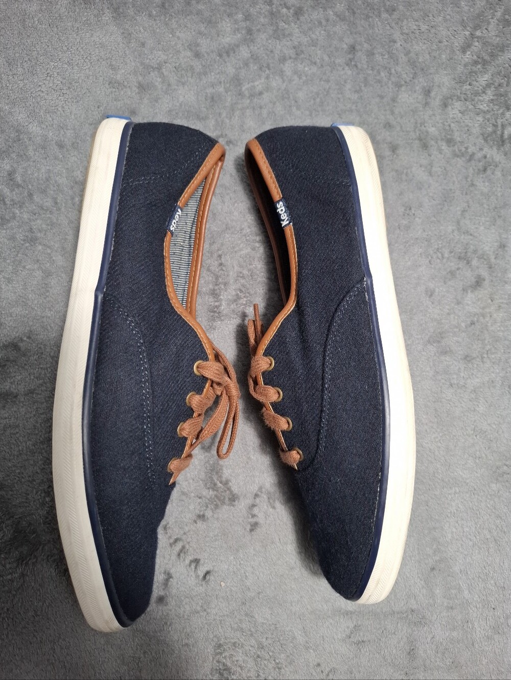 Keds Champion Canvas Shoes Size 9.5 Navy Blue Tan Wool Blend Low Top Sneakers - Picture 3 of 14